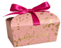 Preview: Poche „Für Dich“ für Pralinen in Rosé mit goldfarbenem Sprenkelmuster und pinker Satin-Schleife
